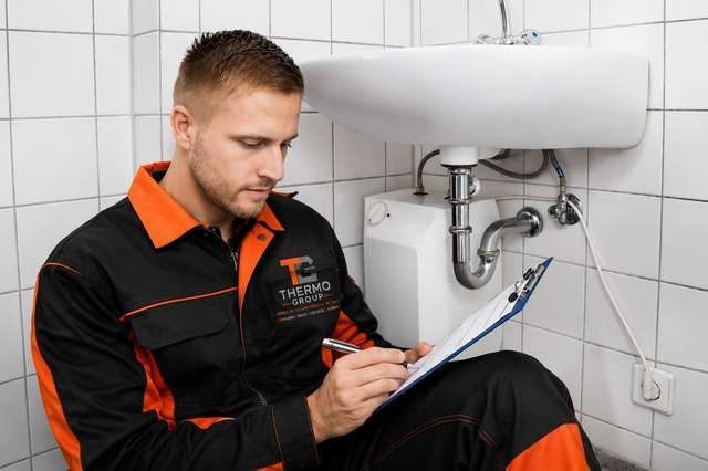 Thermo Plumbing technician carrying out a compliance inspection
